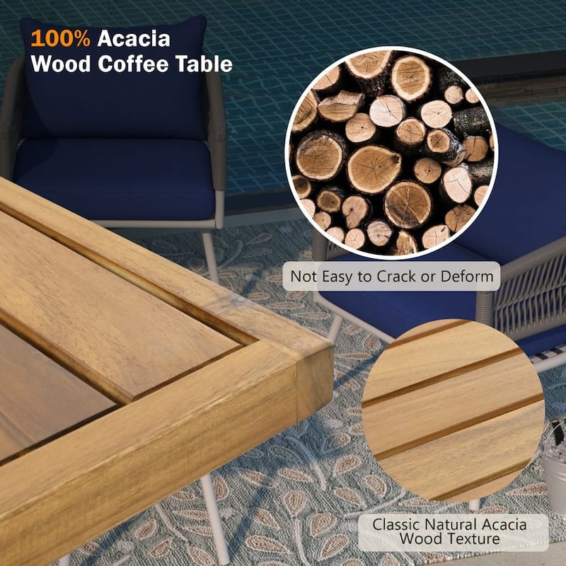 4-piece Patio Furniture Dining Set with Acacia Wood Table and Thick Cushion
