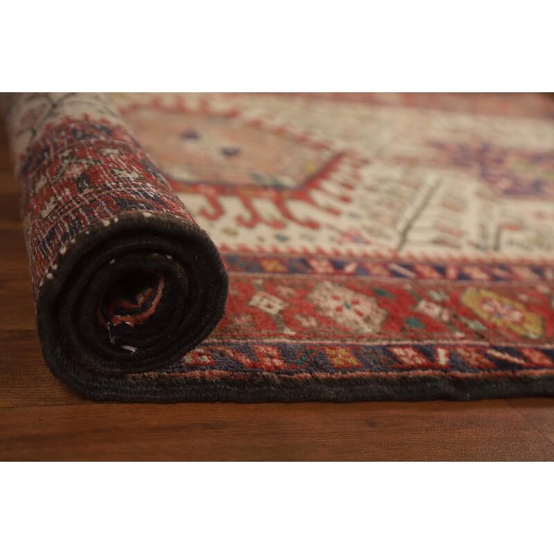 Hand Knotted Oriental 100% Wool Carpet Traditional Geometric Beige & Ivories Heriz Runner Rug - 10' 7'' X 3' 3''