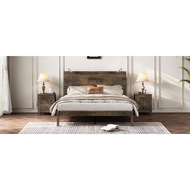 Queen Rustic Wood Platform Bed with Built-In Bedside Lights