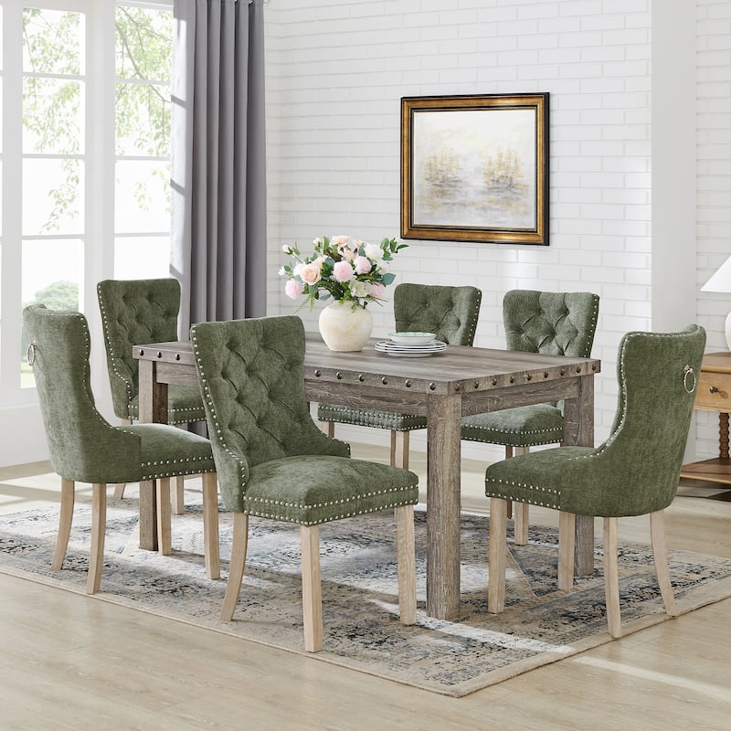Morden Fort Tufted Dining Chair, Accent Chairs with Studded Trim and Pull Ring - Green - Set of 6