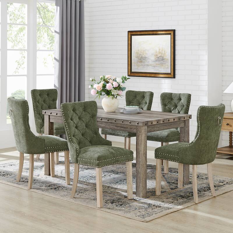 Mordern Fort Vintage Dining Table Set, Tufted Upholstered Chairs with Studded Trim - 7-Piece - Green