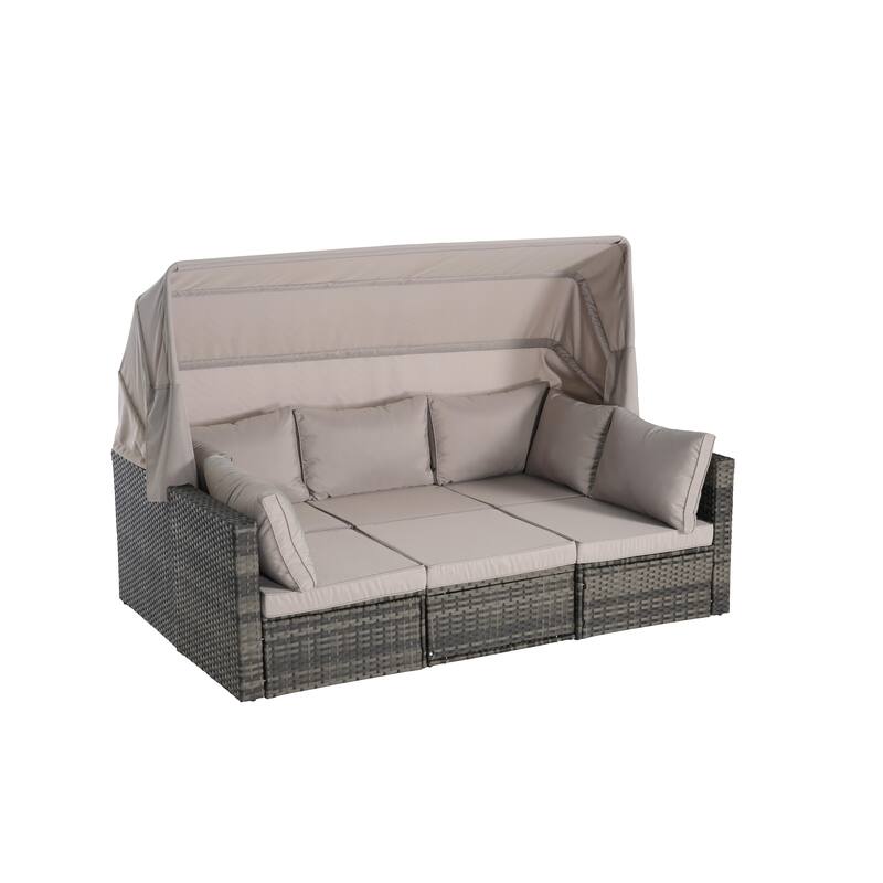 5-Piece Outdoor Patio Wicker Daybed Set with Retractable Canopy, Storable Table