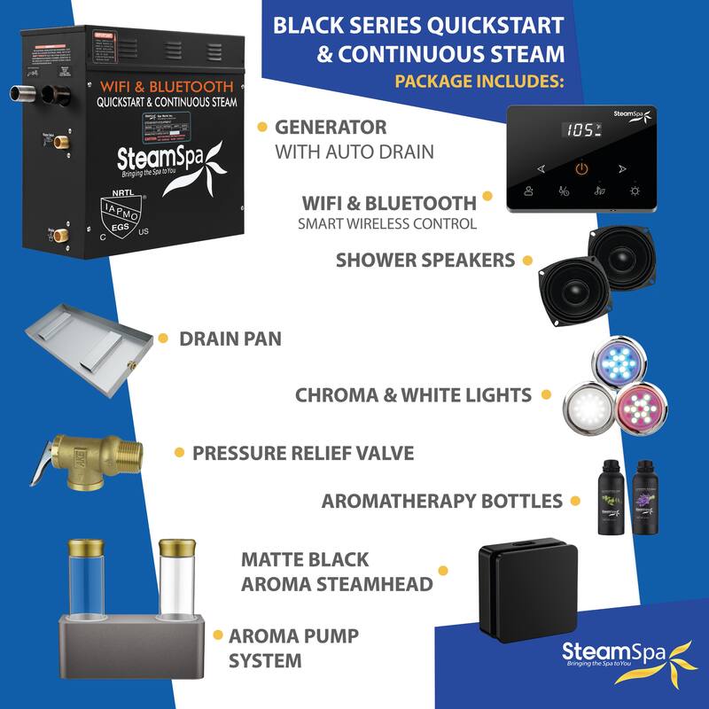 Black Series 7.5KW Steam Bath Generator with Wireless Remote, Bluetooth, WIFI, and Dual Aroma Pump - 7.5 KW