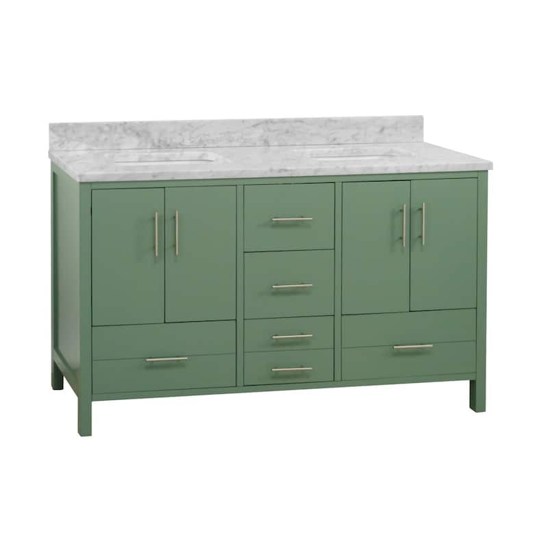KitchenBathCollection California 60" Double Bathroom Vanity with Carrara Marble Top - Sage Green