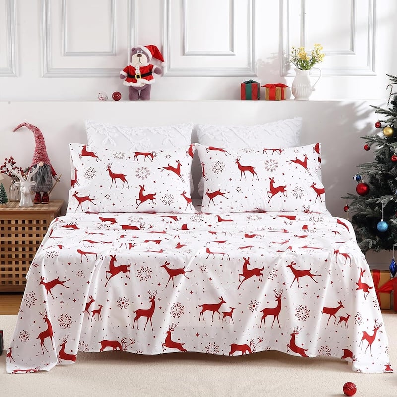 Christmas Soft Red Reindeer Bed Sheets Set with 16 Inches Deep Pocket - King