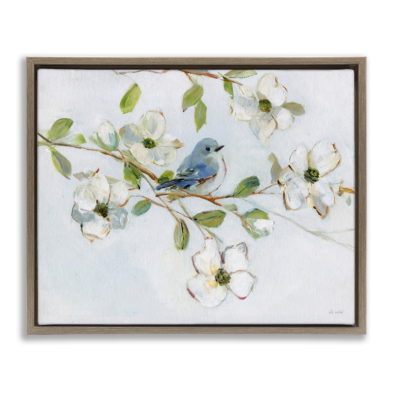Stupell Bird Perched on Dogwood Framed Floater Canvas Wall Art Design By Sally Swatland - 21 x 17 - Brown