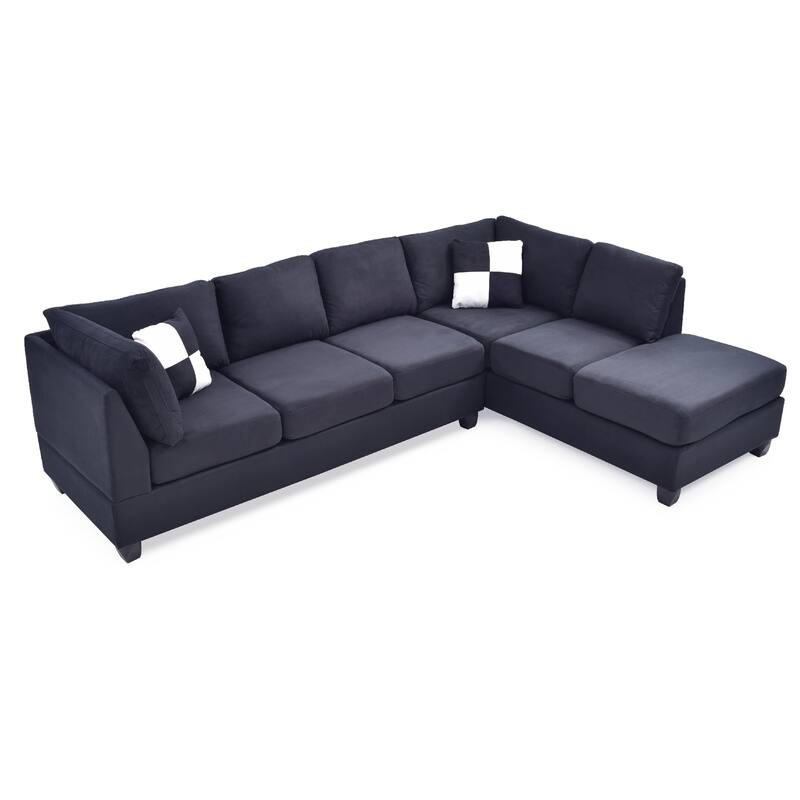 Reversible Microsuede 4-Seater Sectional Sofa with Throw Pillows - 111" - Black