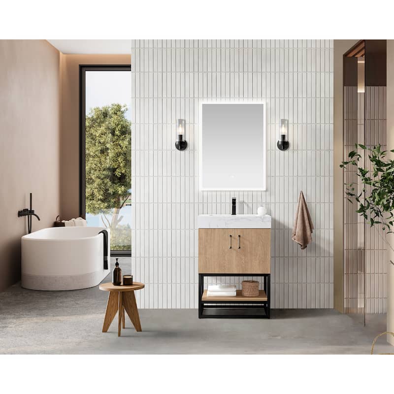 Alistair Single Bath Vanity with White Grain Stone Top & Mirror