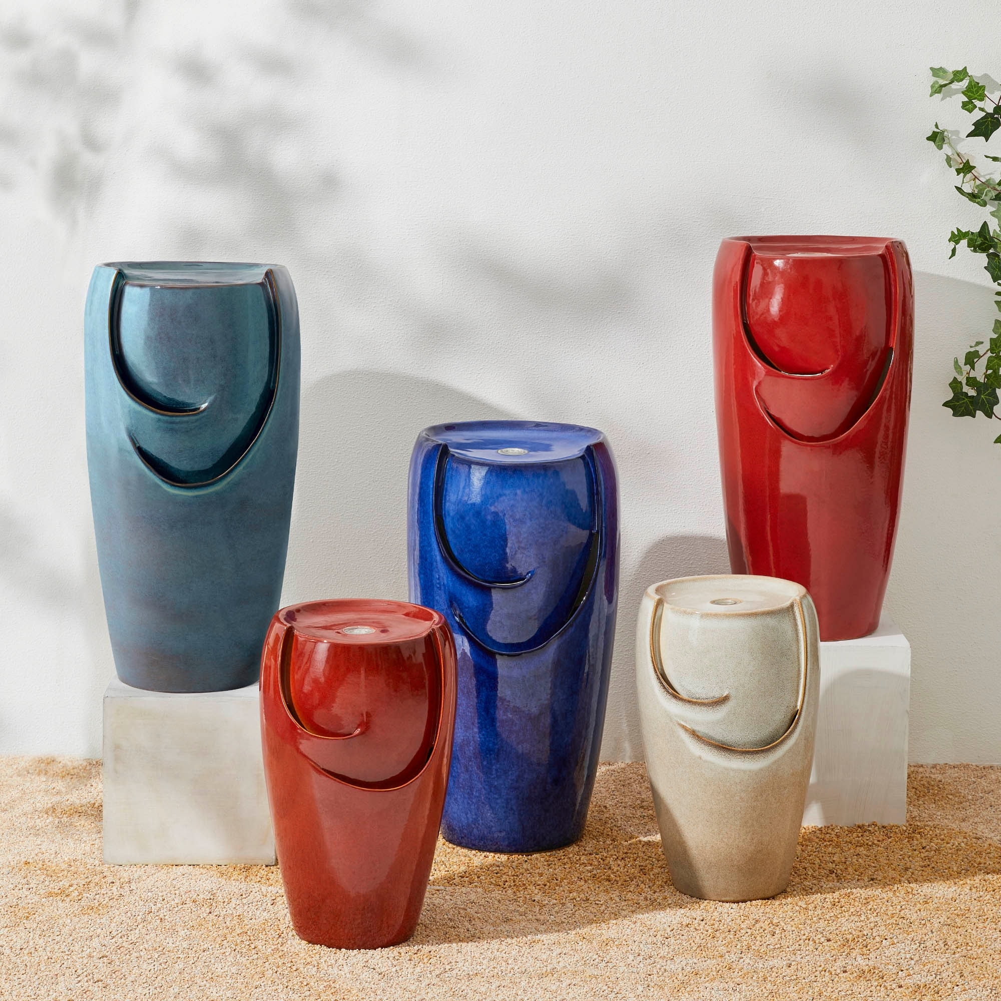 Glitzhome Oversized LED Lighted Ceramic Pot Floor Fountains for Outdoor Garden