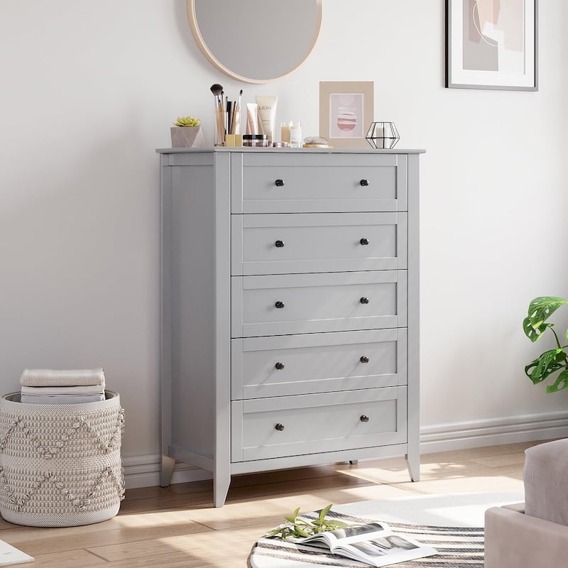 White 5 Chest of Drawer Dresser, Modern Tall Nightstand with Deep Drawers and Nickel Round Handle