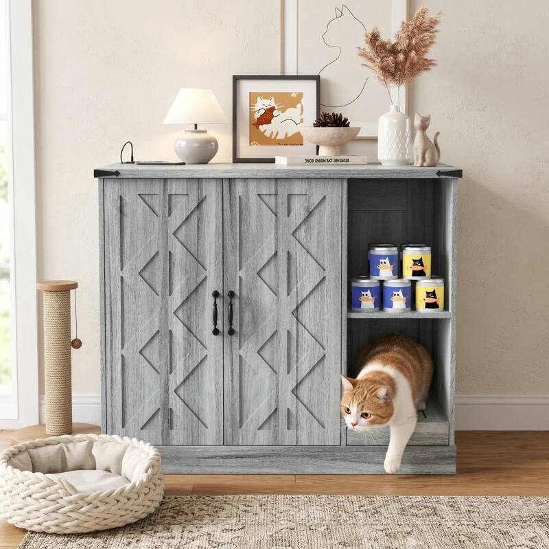 Cat Litter Box Cabinet with Power Outlet, Box Furniture for Automatic Litter Boxes, with Litter Catcher, Adjustable Shelves