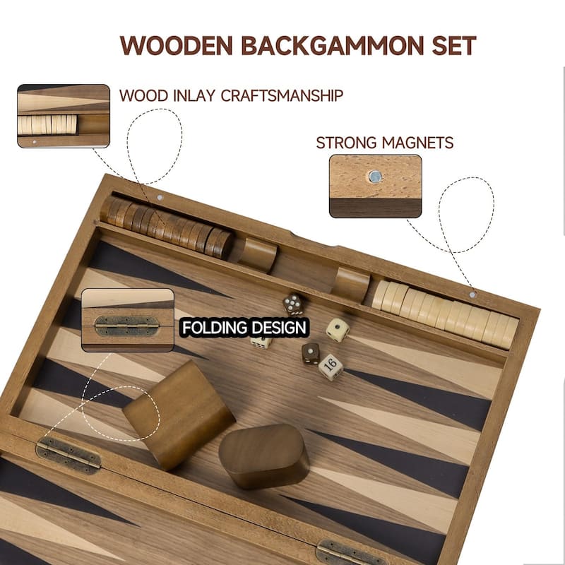 GSE™ 17" Premium Wooden Inlay Backgammon Board Game Set, Portable Folding Backgammon Board Game with Game Pieces - 17-Inch