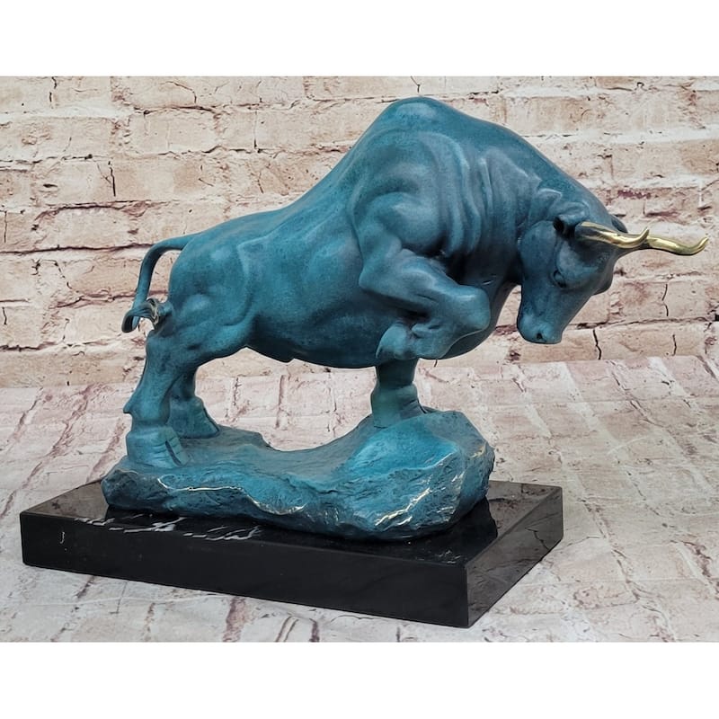 Charging Bull Hot Cast Bronze Figure W/ Blue Green Patina On Marble Base By Milo