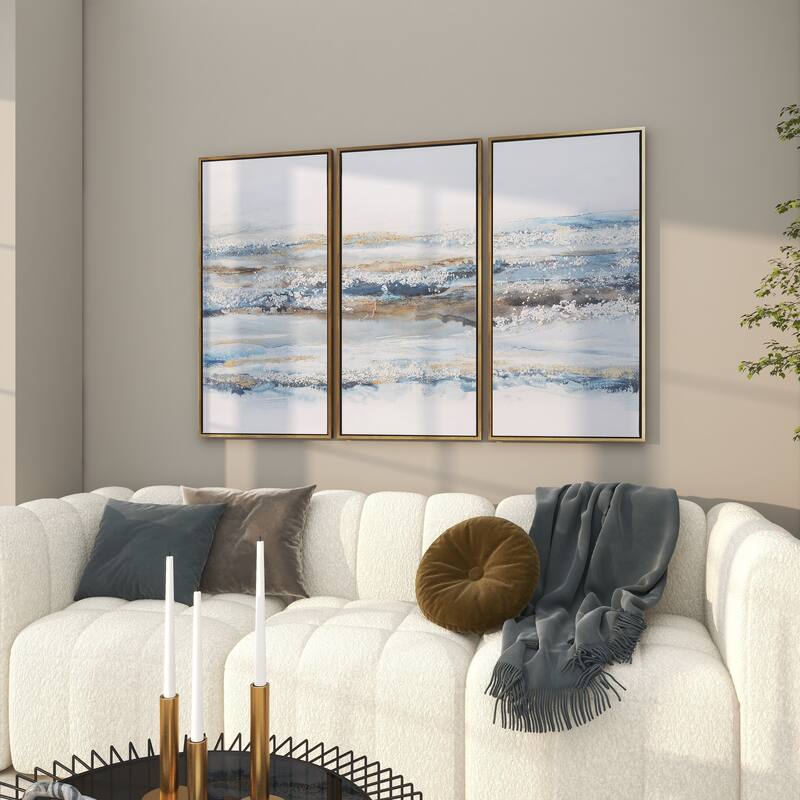 Canvas Landscape Living Room Framed Wall Art with Gold Frame - Set of 3 Blue - Roche River Decor