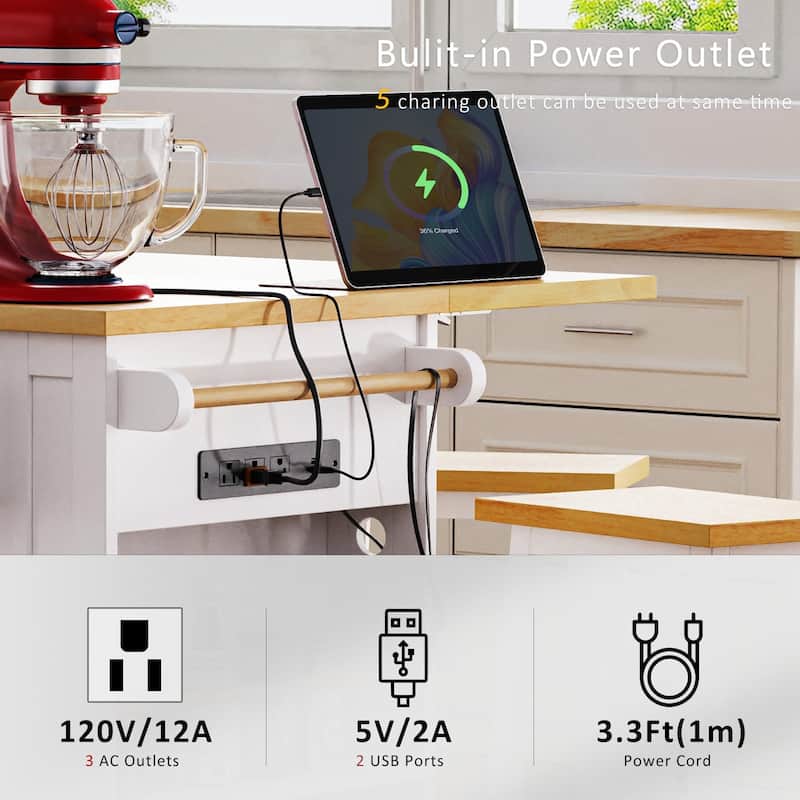53″ Kitchen Island Cart with Power Outlet and Two Bar Stools