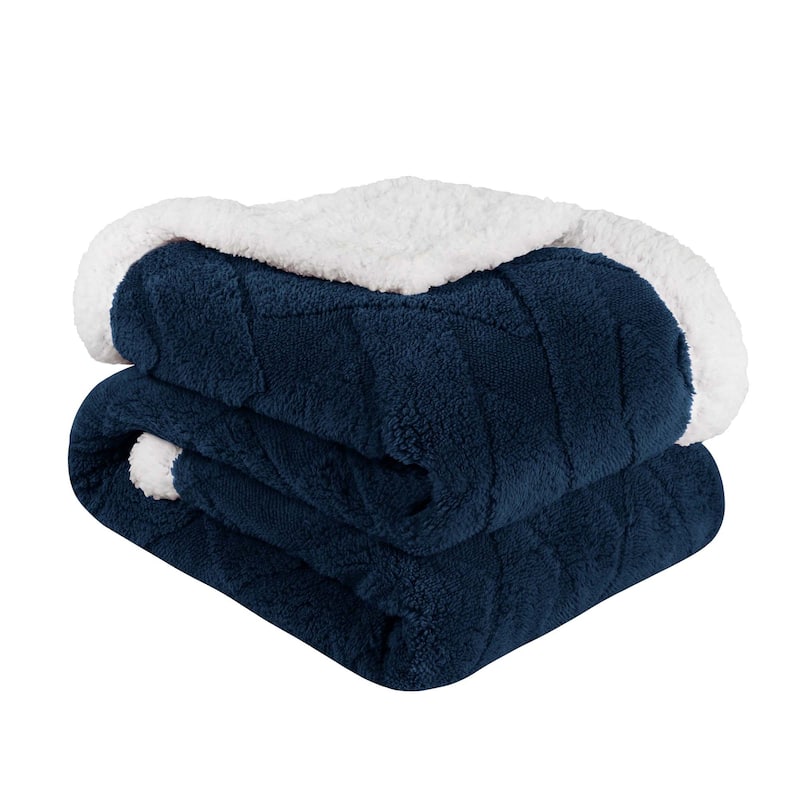 Superior Nuuk Jacquard Lattice Fluffy Sherpa Fleece Blanket - Throw - Navy Blue