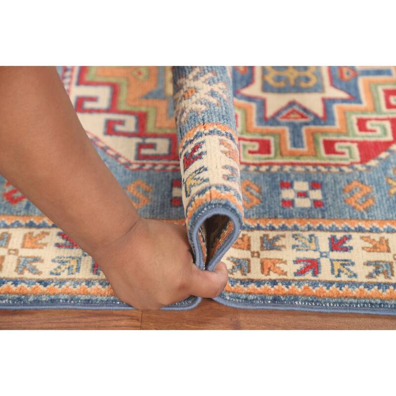 Light Blue Kazak Accent Rug Handmade Wool Carpet - 2'7" x 4'3"