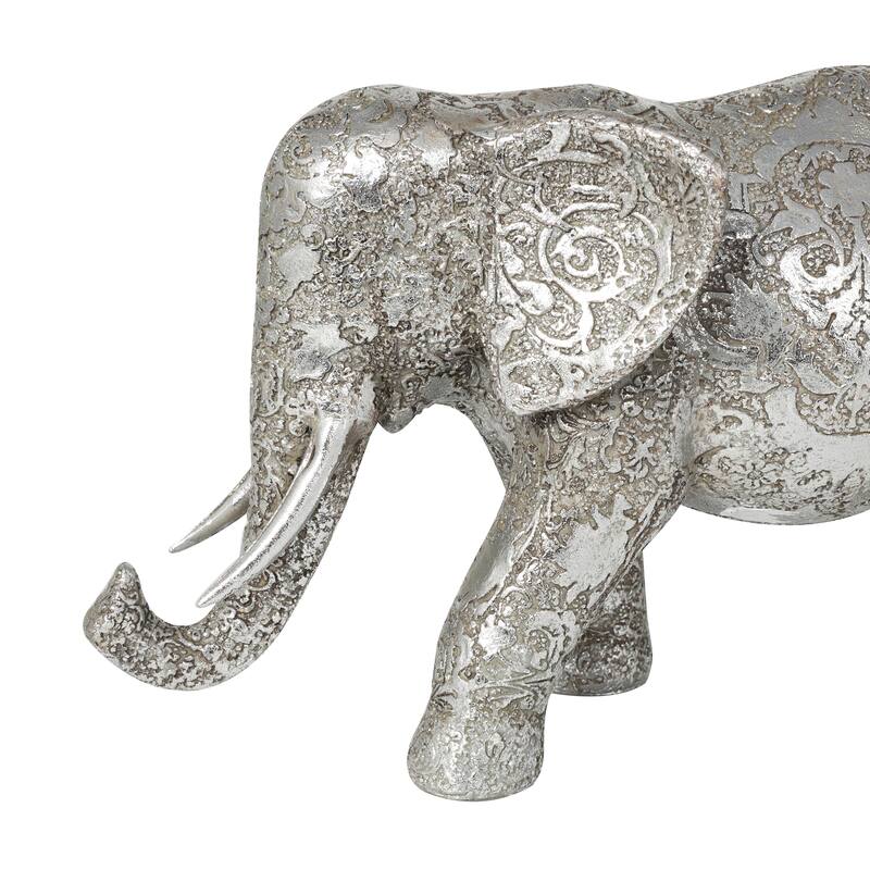 Silver Polystone Engraved Floral Elephant Decorative Sculpture