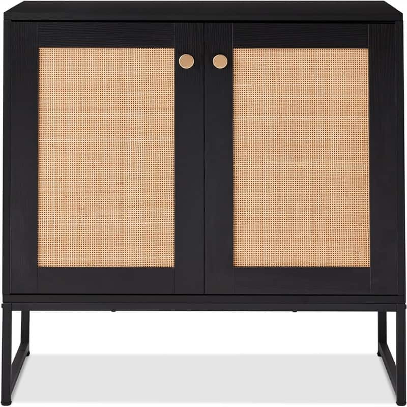 2-Door Rattan Storage Cabinet - 15"D x 31.5"W x 32.5"H - Black