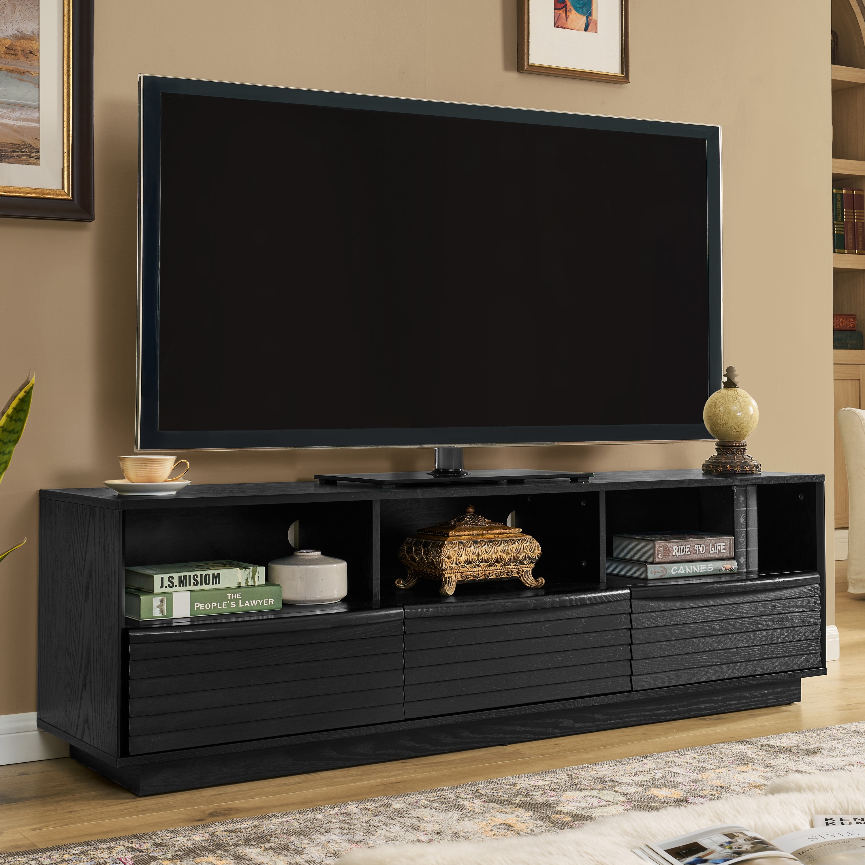 63" Mid-Century Modern TV Stand, Sturdy Farmhouse Media Console for TVs Up to 75", Solid Wood Drawers, Outlet Holes