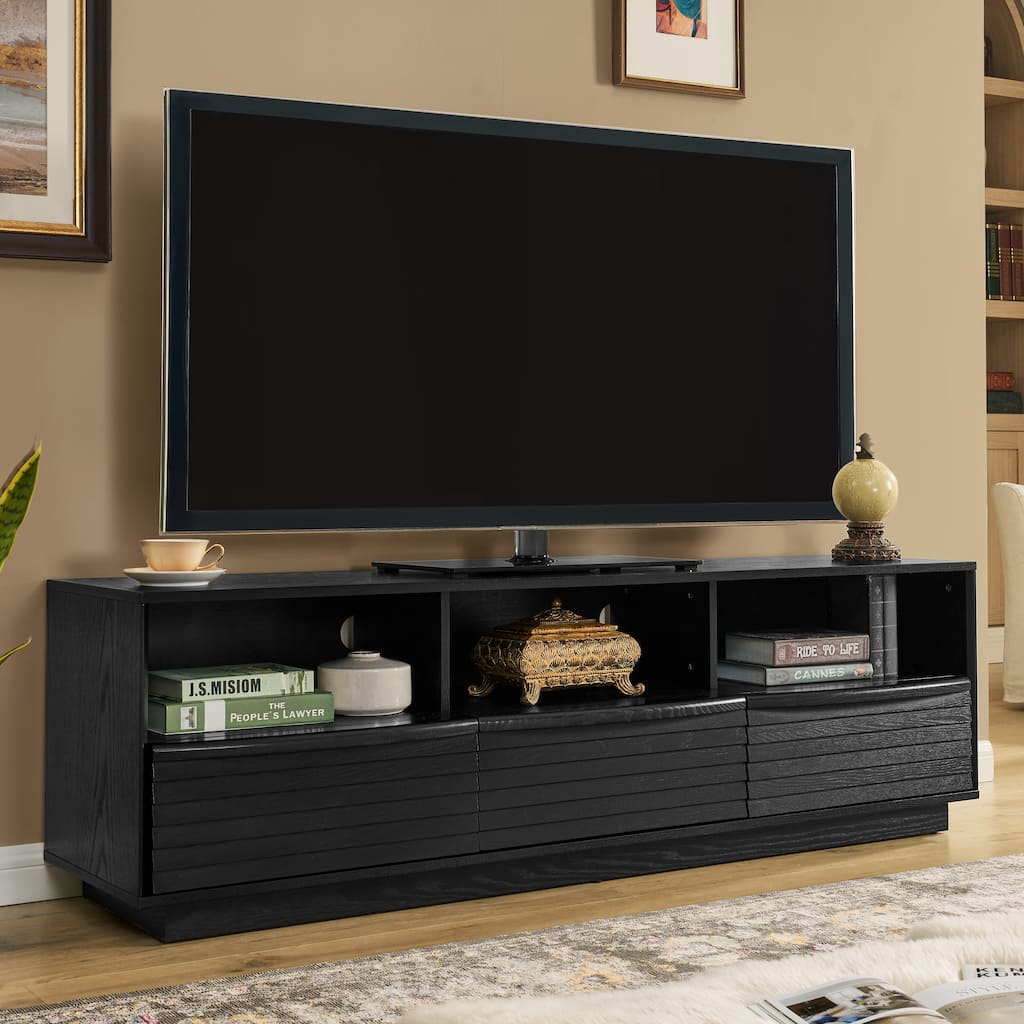 Mid-Century Modern TV Stand for TVs up to 75" with Louver Design 3 Drawers and Outlet Holes, for Living Room, Black