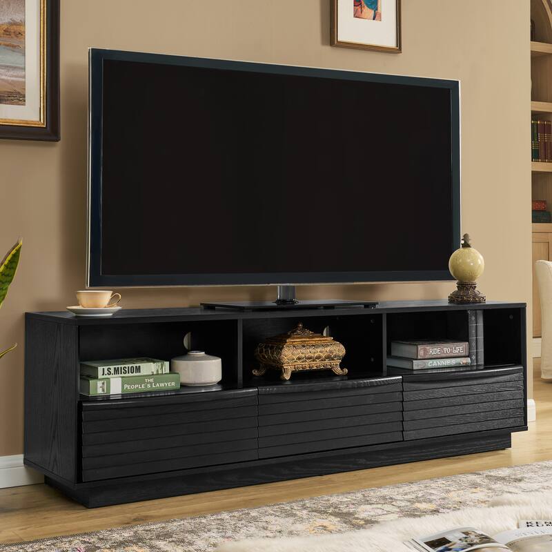 Mid-Century Modern TV Stand for TVs up to 75" with Louver Design 3 Drawers and Outlet Holes, for Living Room, Black - Black