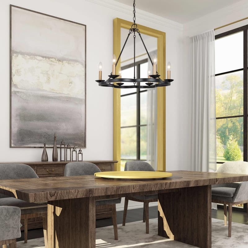 Modern Farmhouse Wagon Wheel Chandelier Black 6-light Candle Ceiling Lights for Kitchen