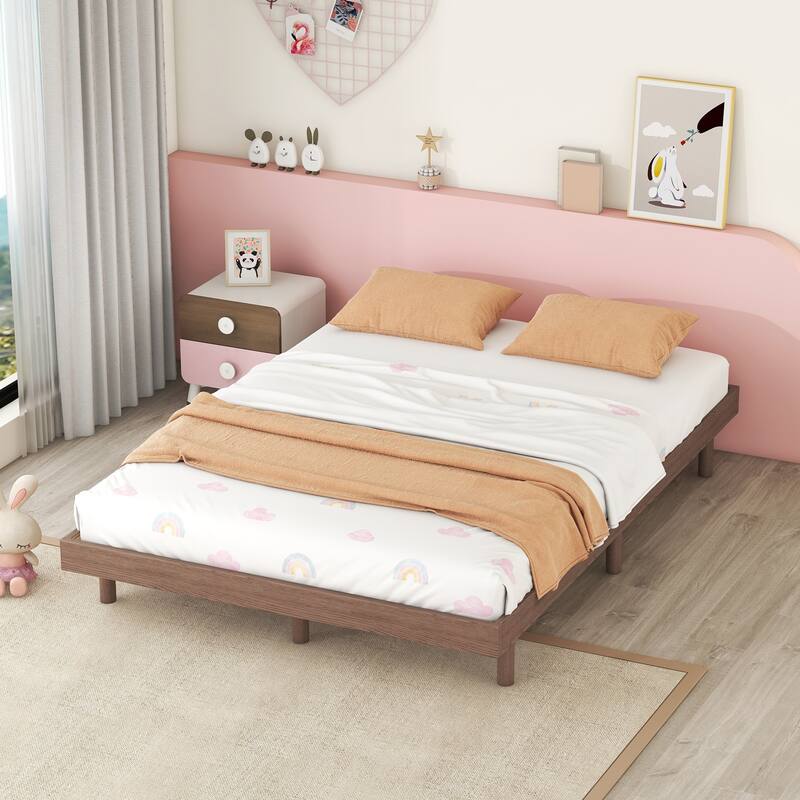 Floating Platform Bed with Rubberwood Legs and Plywood Slats