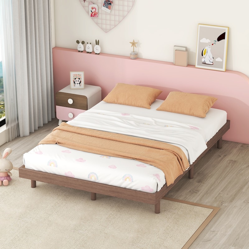 Modern Floating Platform Bed Frame in Walnut - Sturdy Construction, Easy Assembly, No Box Spring Needed