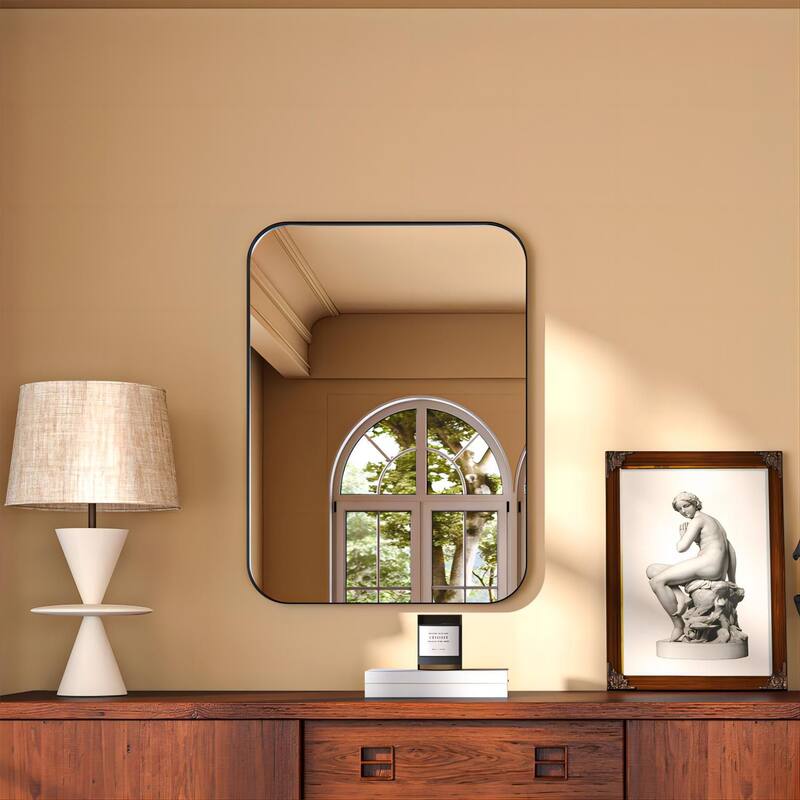 Organnice Rectangular Aluminum Framed Modern Rounded Wall Mount Mirror