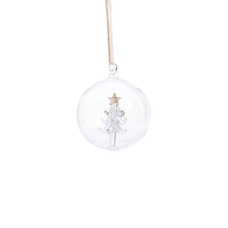 Clear Glass Ball Ornaments with Holiday Tree Motif, Set of 6, 3.25"