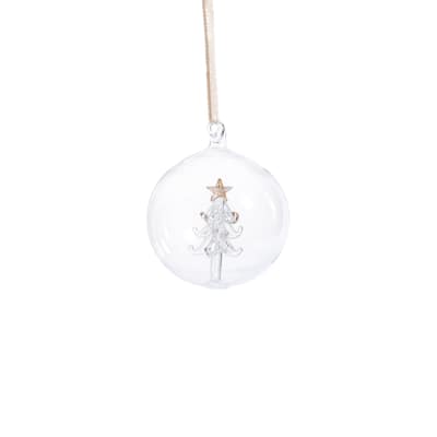 Clear Glass Ball Ornaments with Holiday Tree Motif, Set of 6, 3.25"