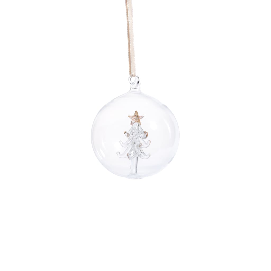 Clear Glass Ball Ornaments with Holiday Tree Motif, Set of 6, 3.25"