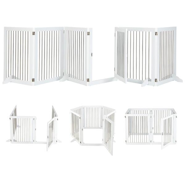 6Panel Freestanding Dog Gate Foldable WalkThrough Playpen with 4 Support Feet White Bed Bath