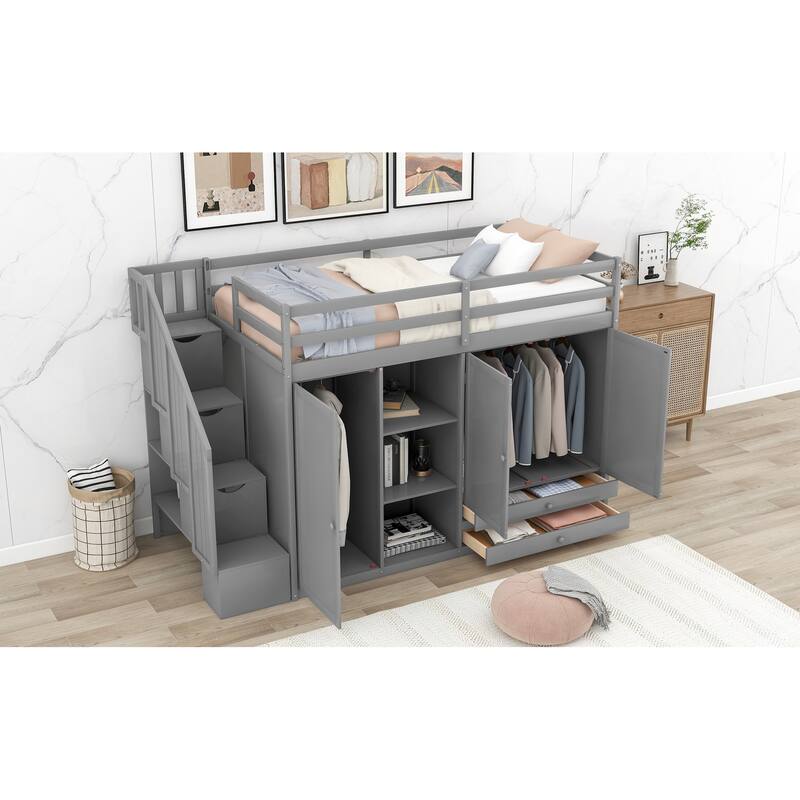 Space-Saving Loft Bed with Shelves, Wardrobes, Drawers, and Storage Ladder, Gray