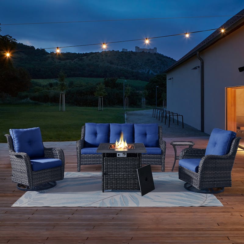 Gymojoy Outdoor Wicker 3-Seat Sofa with Fire Pit Table Swivel Chiar Table - Grey - Blue
