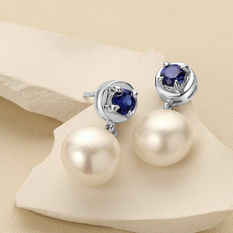 Freshwater Pearl and Sapphire Birthstone Sterling Silver Drop Earrings