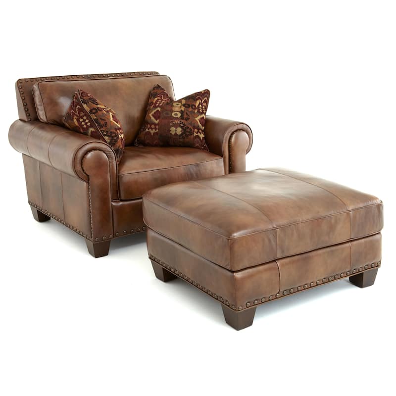 Steve Silver Sanremo Top Grain Leather Ottoman with Nail Head Trim
