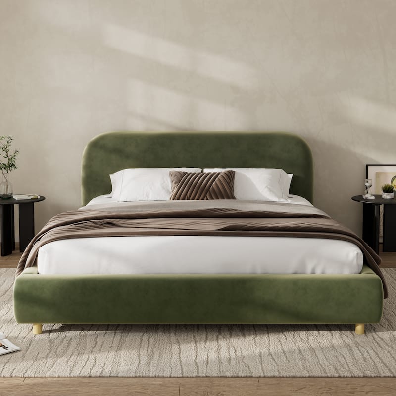Low Profile Bed Wood Platform Bed Boucle Fabric Upholstered Bed with Curve-Shaped Design Headboard, No Box Spring Needed - Green - Queen