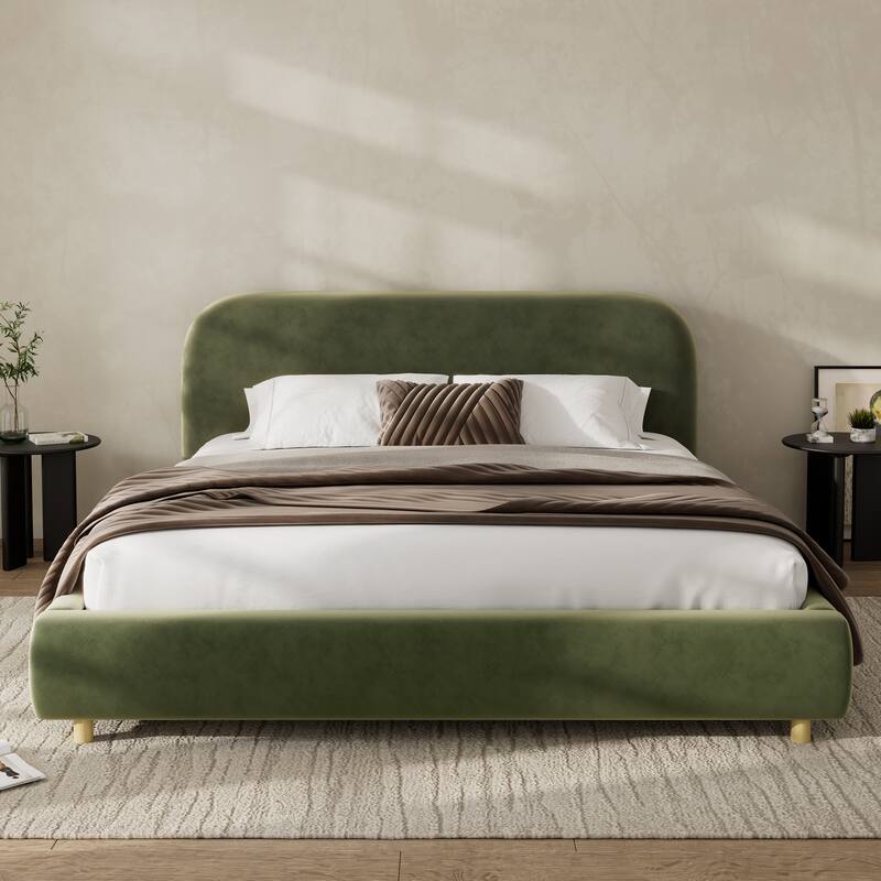 Roomfitters Modern King Platform Bed with Velvet Upholstery and Curved Headboard Design, Olive Green