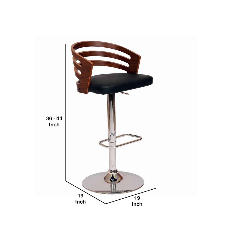 Open Wooden Back Faux Leather Barstool with Pedestal Base, Black and Brown