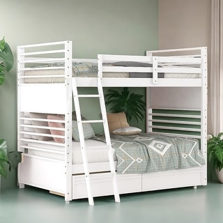 Elegant Twin over Twin Wood Bunk Bed with Built-in Ladder and 2 Drawers, Maximized Space, Solid Construction