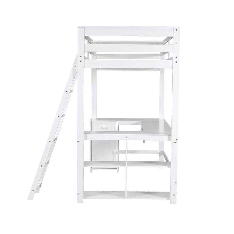 Solid Wood Loft Bed with Bulit-in U-Shaped Desk, 2 Drawers and Cabinet, Twin/Full Size Loft Bedframe w/ Storage Shelves & Ladder