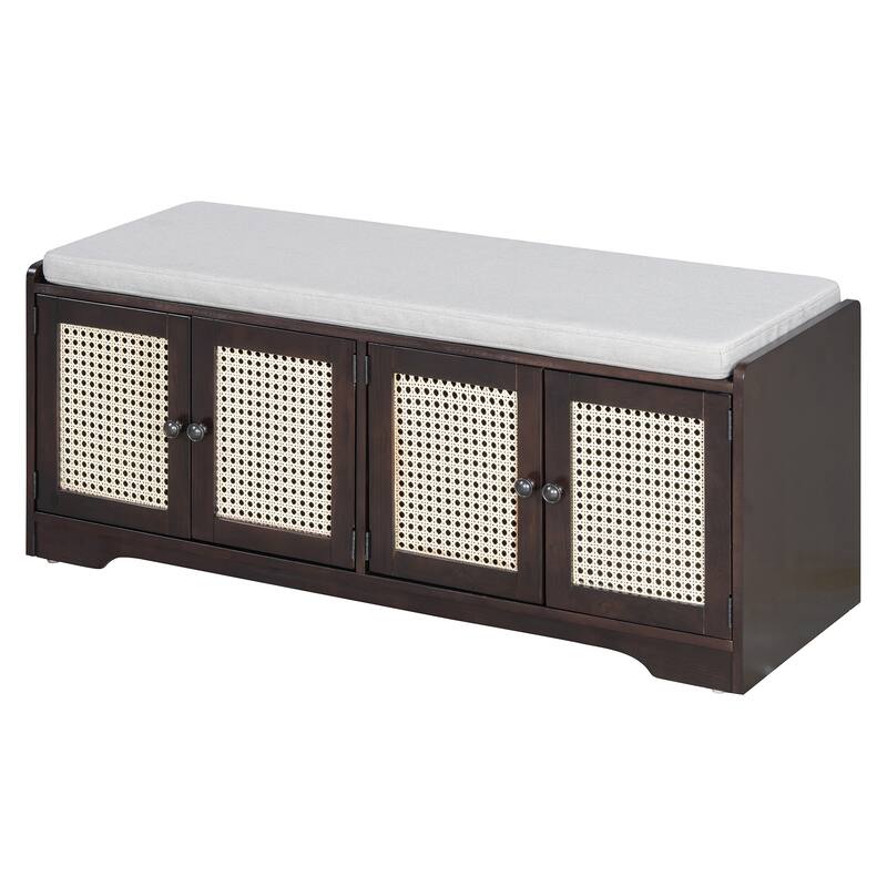 Rustic Storage Bench Multifunctional Wood Entryway Shoe Bench with Removable Cushion, Woven Rattan Doors & Adjustable Shelves