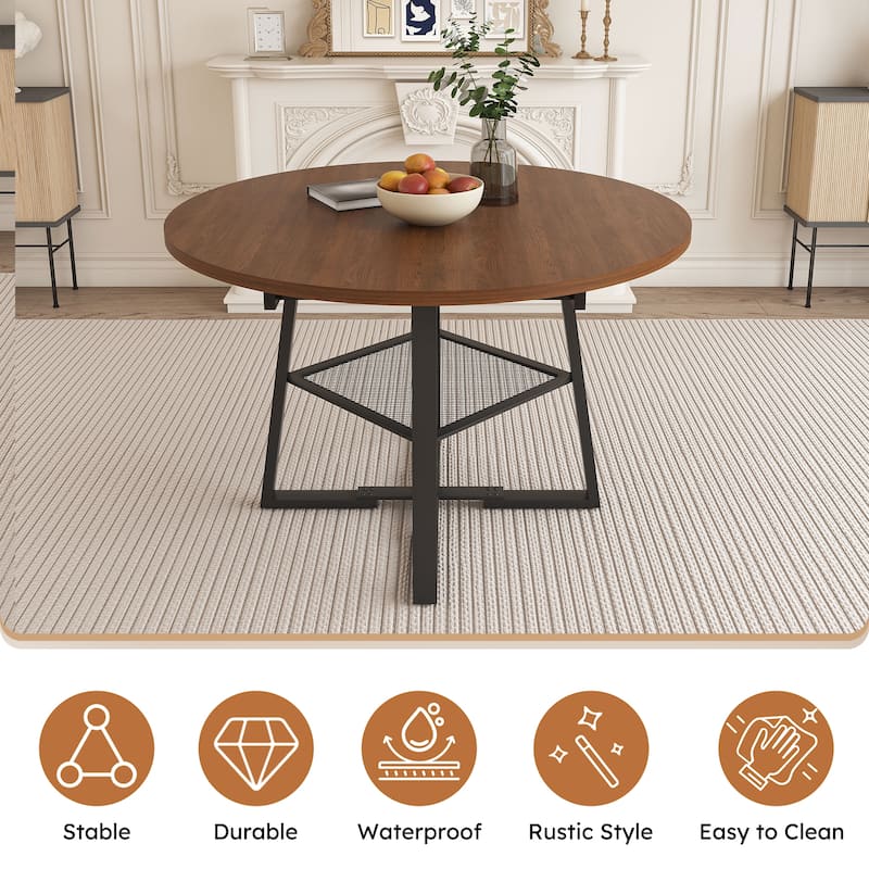 47 Inch Extendable Round Dining Table for 4-8 with Storage, Walnut Finish Circle Dining Table with Metal Frame