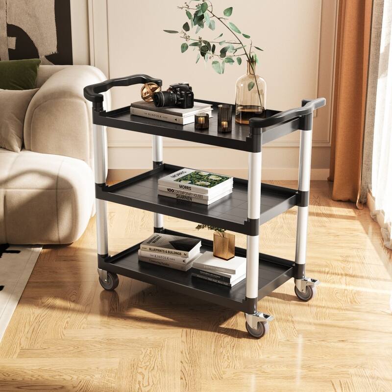 Black 3-Tier Metal Rolling Utility Cart Mobile Organizer with Locking Wheels for Garage and Home Storage - 34.65 x 16.14 x 39 in