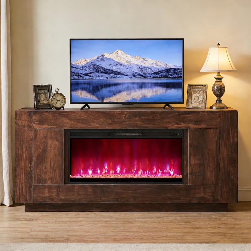 Modern Fireplace TV Stand for 80" TV, Entertainment Center with LED - Dark Walnut