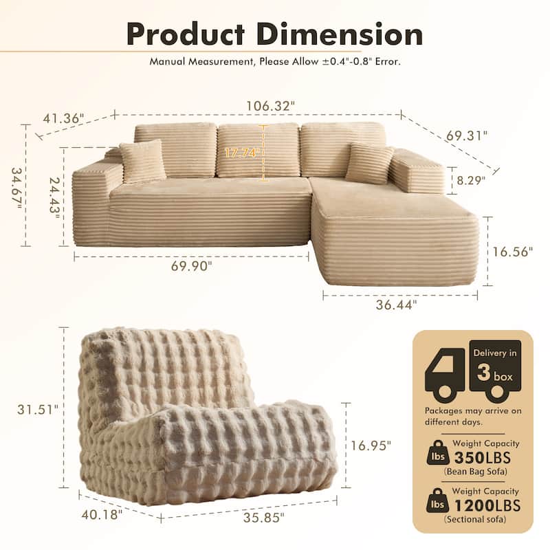 XIZZI Modern Plush Sectional Chaise Couch with Bean Bag Chair