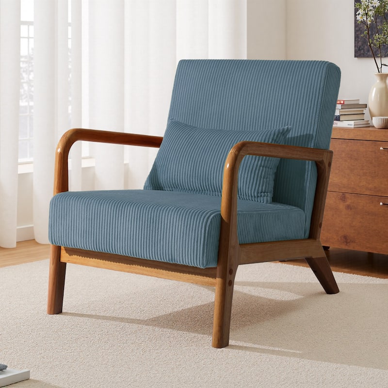 25" W Mid Century Upholstered Wood Accent Chair with Pillow - Dark Wood - Blue