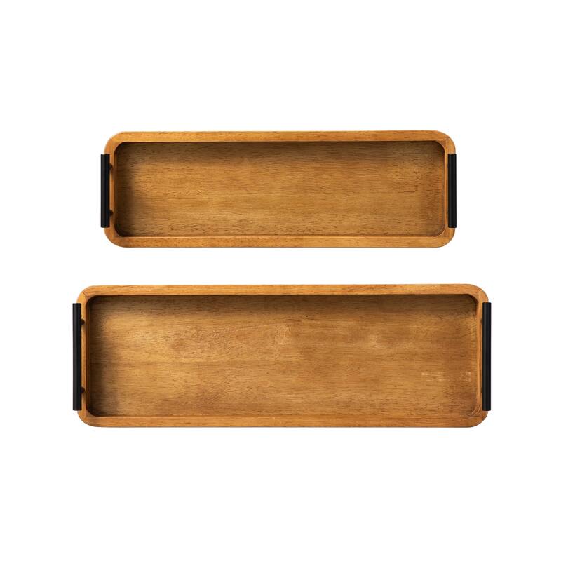 Glitzhome Set of 2 Rectangle Antique Wood Decorative Trays with Metal Handles